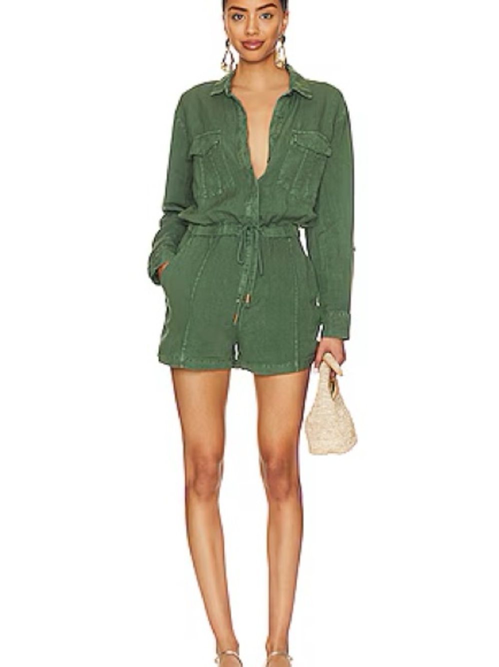 YFB Young Fabulous & Broke Lakeside Utility Romper Green Size Small Safari Linen
